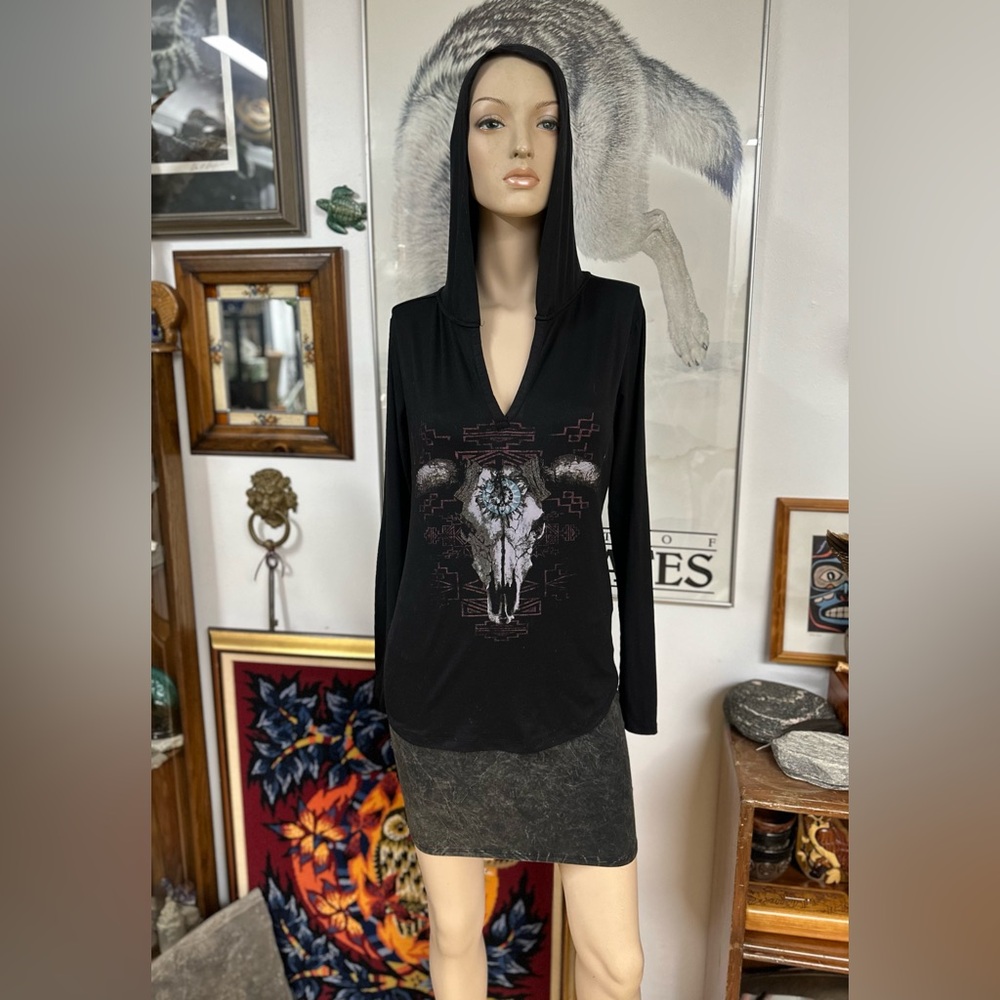 Black Hooded Long Sleeve with Bull Skull